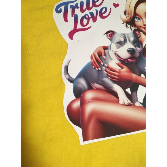 True Love T Shirt Bright Yellow Tee Pit Bull And Girl Sz.M Gildan Custom Made - Picture 3 of 5